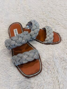 Steve Madden Silver Braided Crystal Slide Sandals with Brown Footbed
